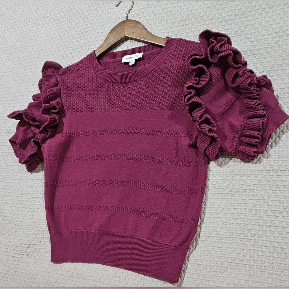 Calligraphie Raspberry Double Ruffled‎ Cap Sleeve Knit Cardigan Sweater Size M - Picture 2 of 5